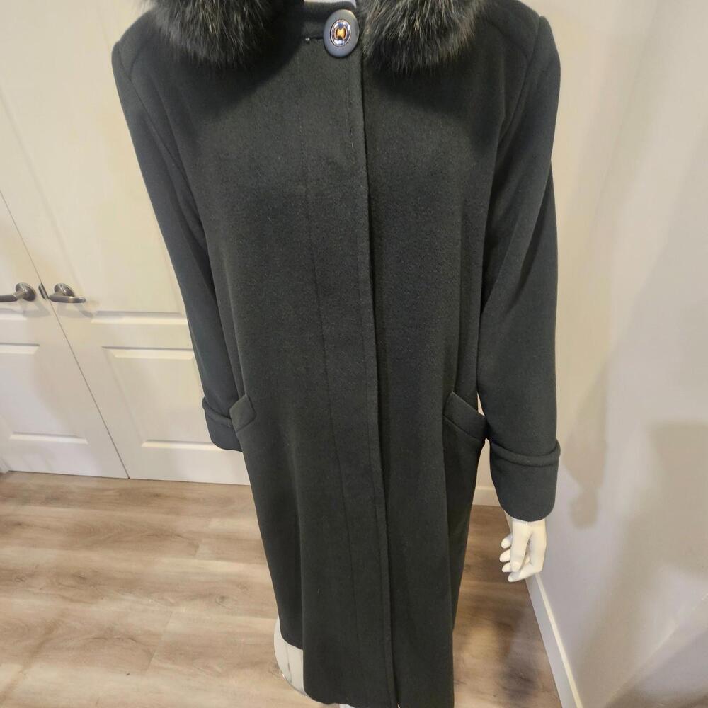 Lisa Fashion Wool Cashmere Blend FullLength Coat w Fur Trim Hood Dark Green READ